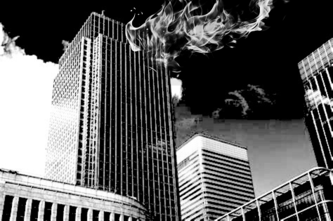 A blurry, black and white, generic, rectangle office building with a burst of flames from its windows.